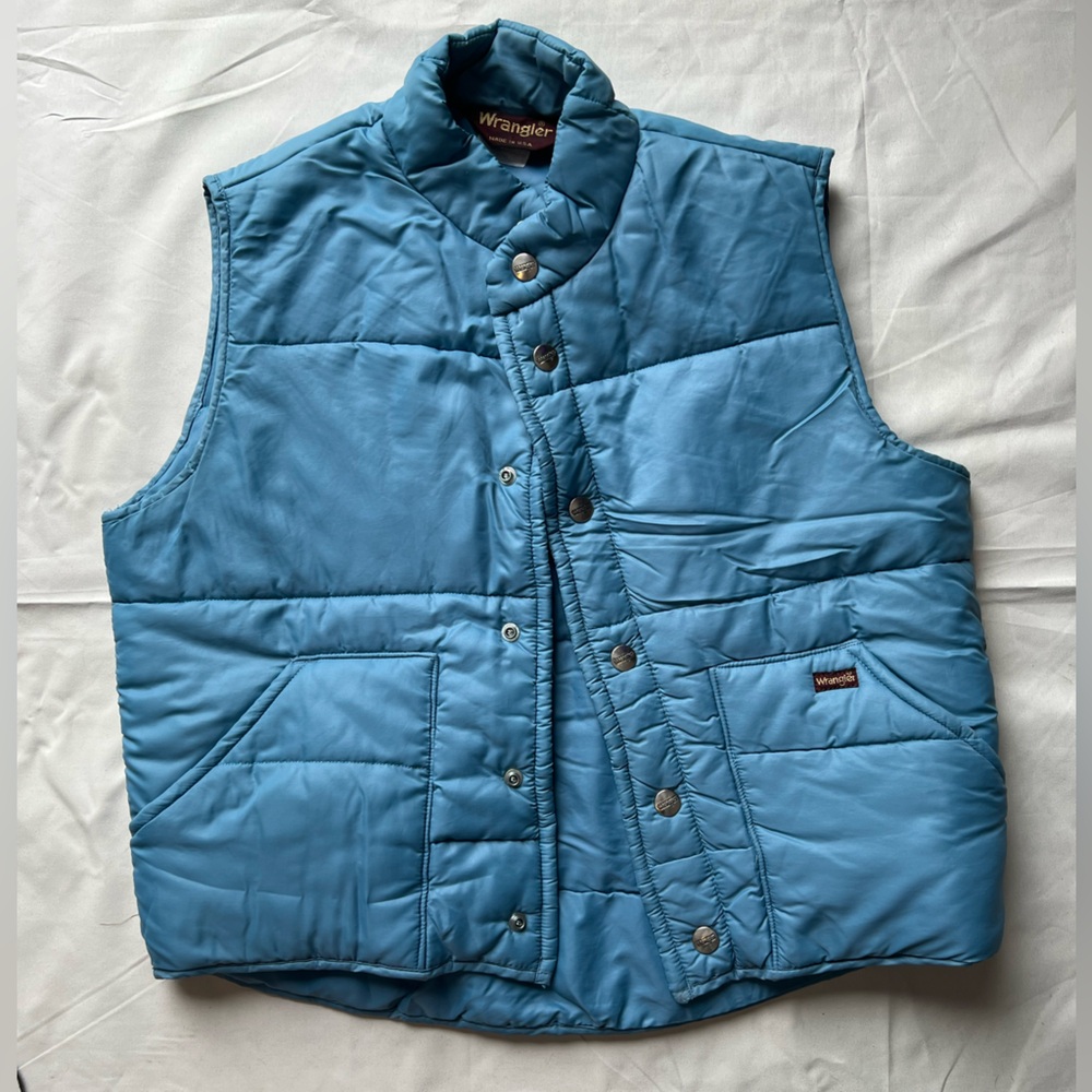 Vintage Wrangler Quilted Puffer Vest Blue Snap Front Western Outdoor